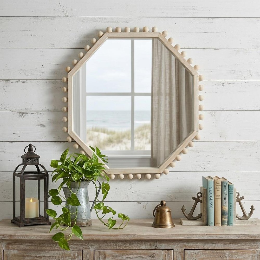 33" Natural Wood Octagon Beaded Framed Accent Mirror