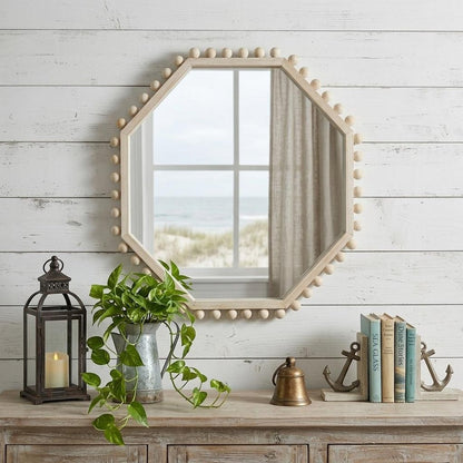 33" Natural Wood Octagon Beaded Framed Accent Mirror