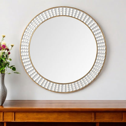 42" Round Gold Metal Frame Wall Mirror With White Wood Beads
