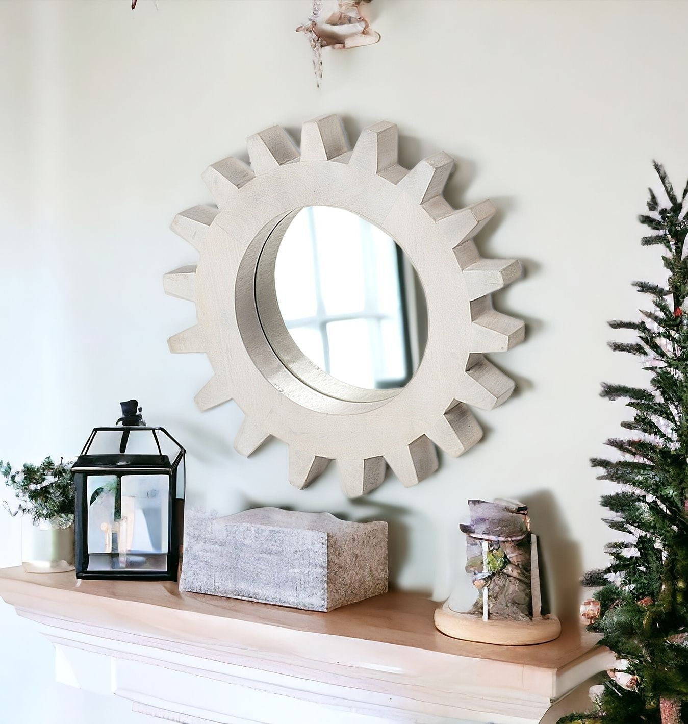 Cog 17" Round White Wood Frame Wall Mirror