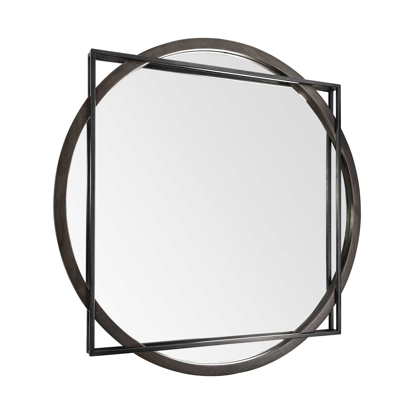 46" Round on Square Black Wood And Metal Frame Wall Mirror