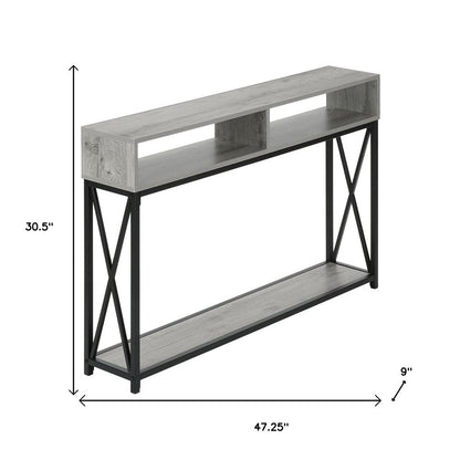 47" Gray and Black Wood and Metal Frame Console Table With Three Shelves