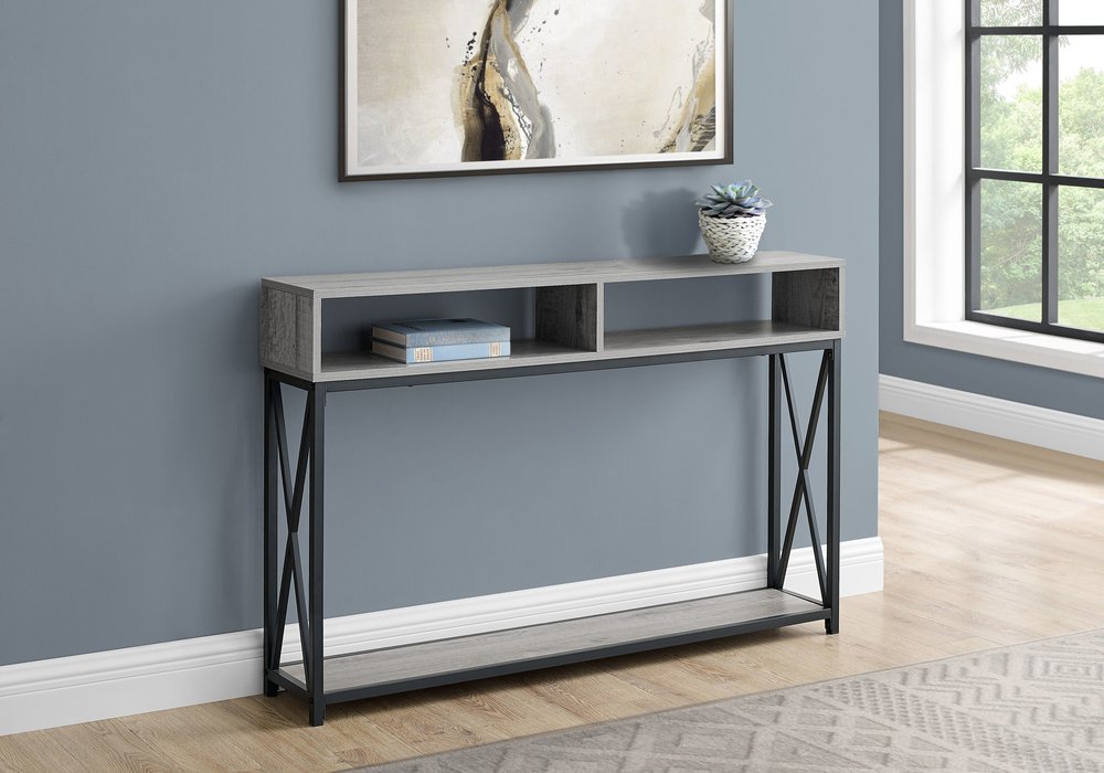 47" Gray and Black Wood and Metal Frame Console Table With Three Shelves