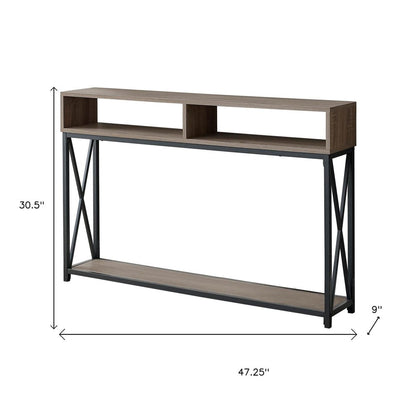 47" Taupe and Black Wood and Metal Frame Console Table With Three Shelves