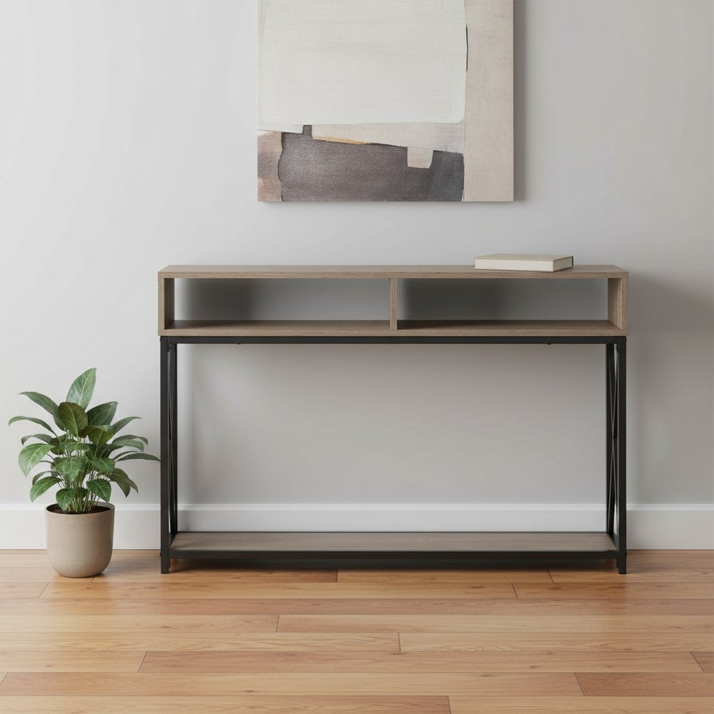 47" Taupe and Black Wood and Metal Frame Console Table With Three Shelves