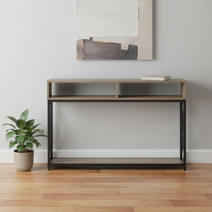 47" Taupe and Black Wood and Metal Frame Console Table With Three Shelves