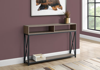 47" Taupe and Black Wood and Metal Frame Console Table With Three Shelves