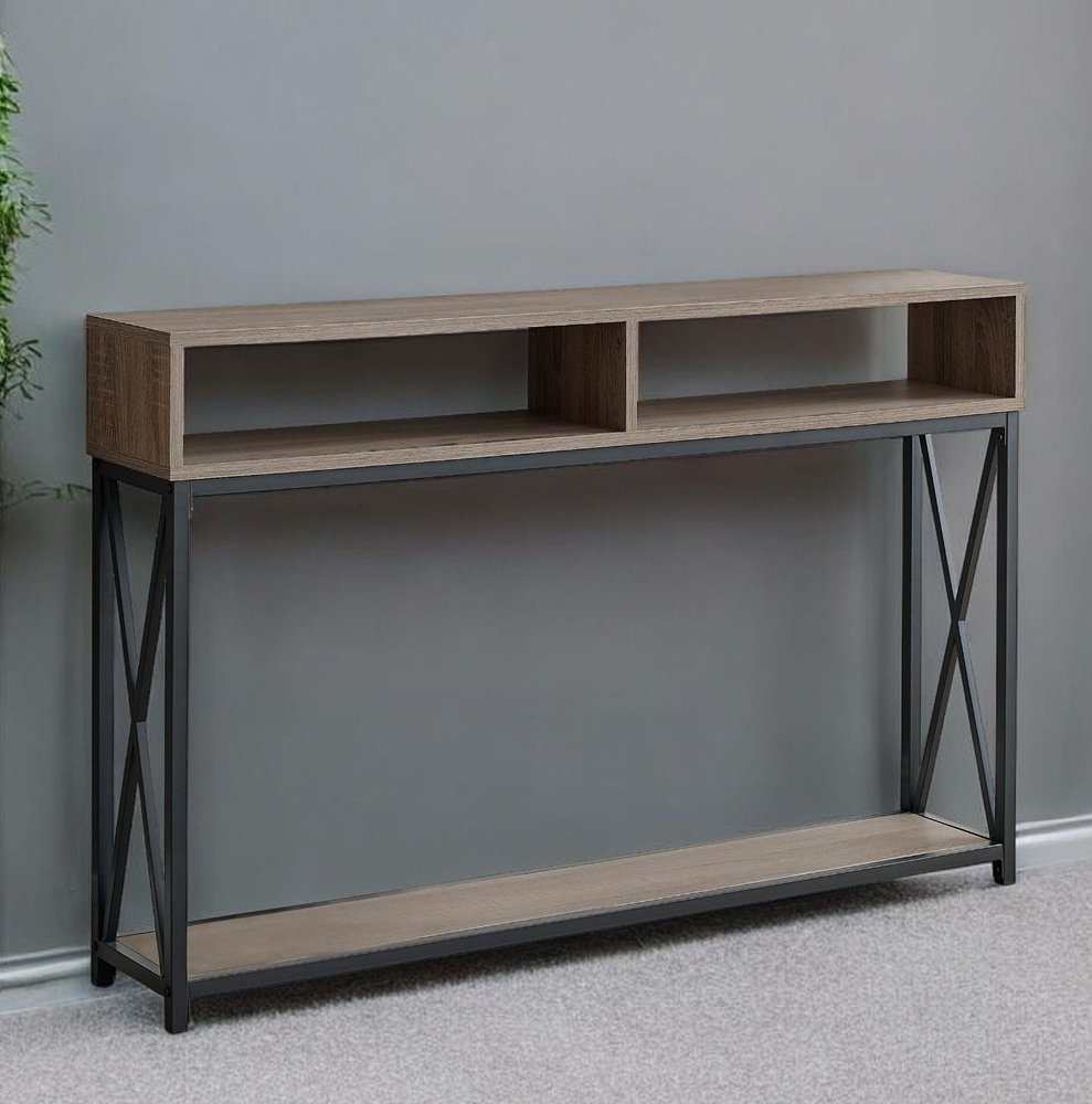 47" Taupe and Black Frame Console Table With Shelves