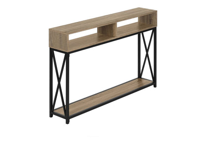 47" Taupe and Black Wood and Metal Frame Console Table With Three Shelves