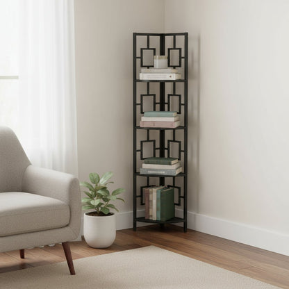 62" Black Metal Corner Bookcase
