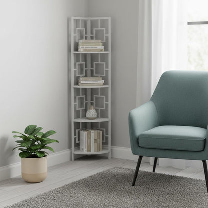 62" White Metal Corner Bookcase