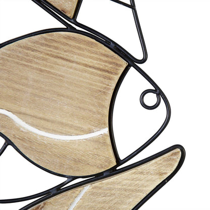 34" X 12" Natural and Black Fish Wood and Metal Hanging Dimensional Sculpture