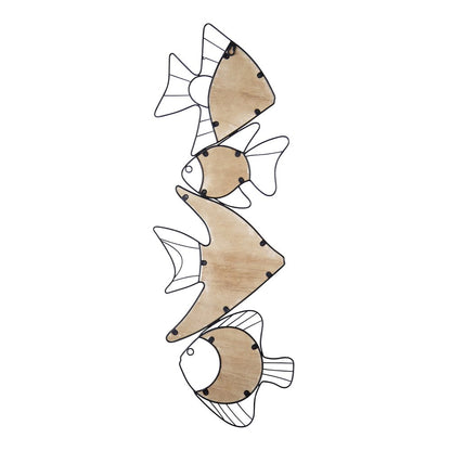 34" X 12" Natural and Black Fish Wood and Metal Hanging Dimensional Sculpture