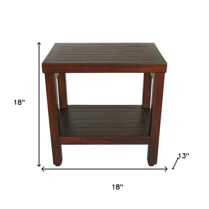 Compact Rectangular Teak Shower Or Outdoor Bench With Shelf In Brown Finish