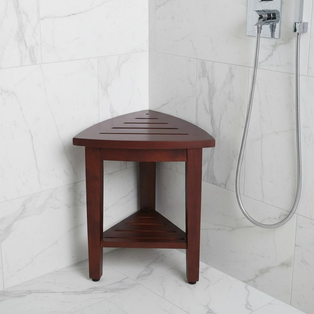 Compact Teak Corner Shower  Outdoor Bench With Shelf In Brown Finish