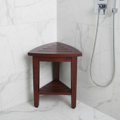Compact Teak Corner Shower  Outdoor Bench With Shelf In Brown Finish