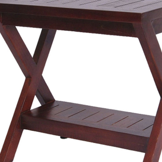 Compact X Shape Teak Shower Outdoor Bench With Shelf In Brown Finish