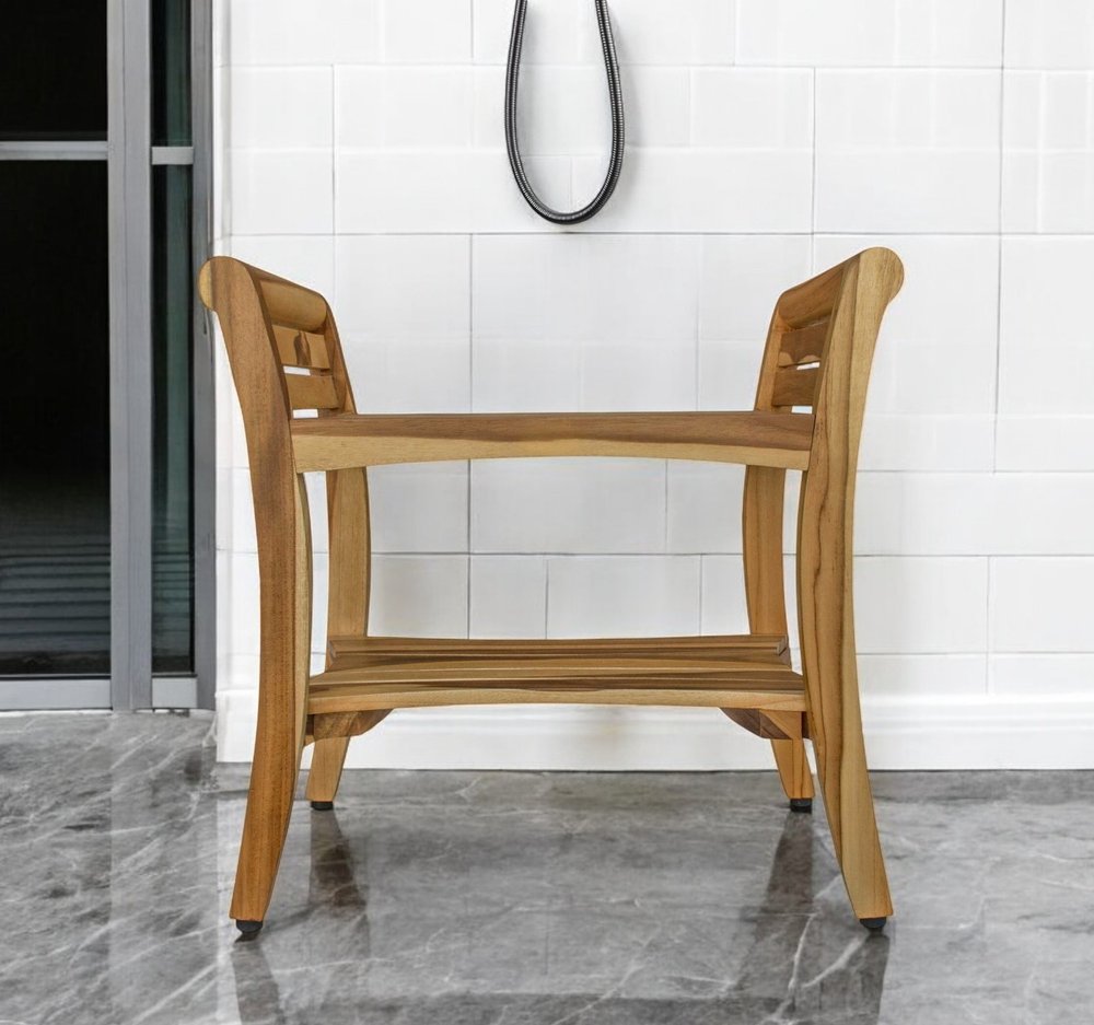 24" Natural Solid Teak Wood Shower Bench With Handles
