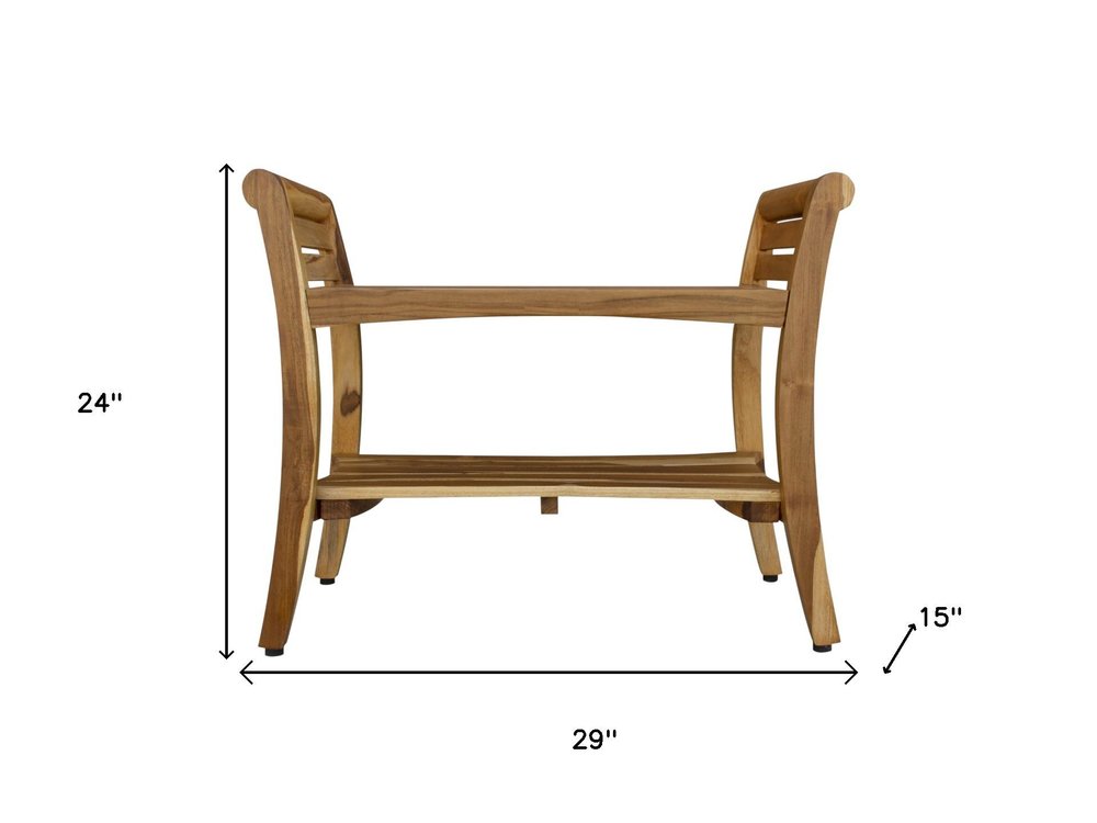 Rectangular Teak Shower Bench With Shelf And Handles In Naturalfinish