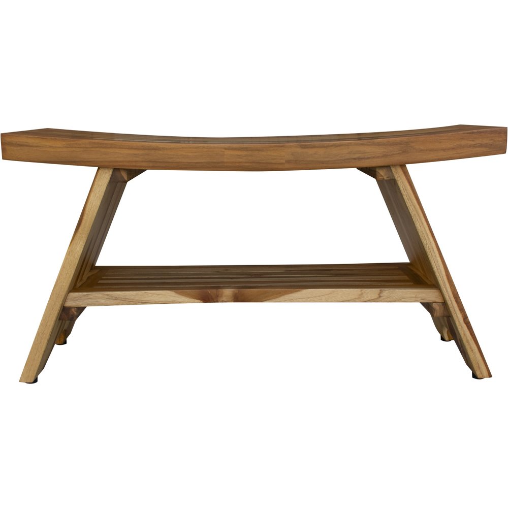 35" Teak Rectangular Shower Outdoor Bench With Shelf In Natural Finish