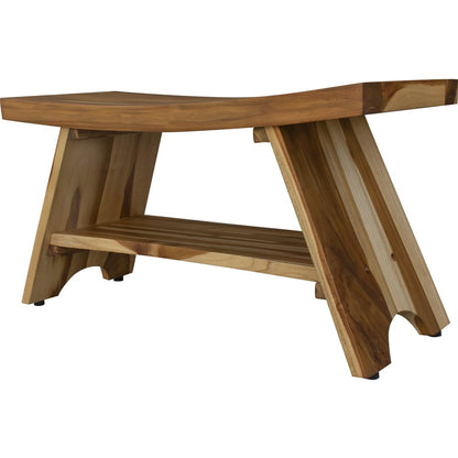 35" Teak Rectangular Shower Outdoor Bench With Shelf In Natural Finish