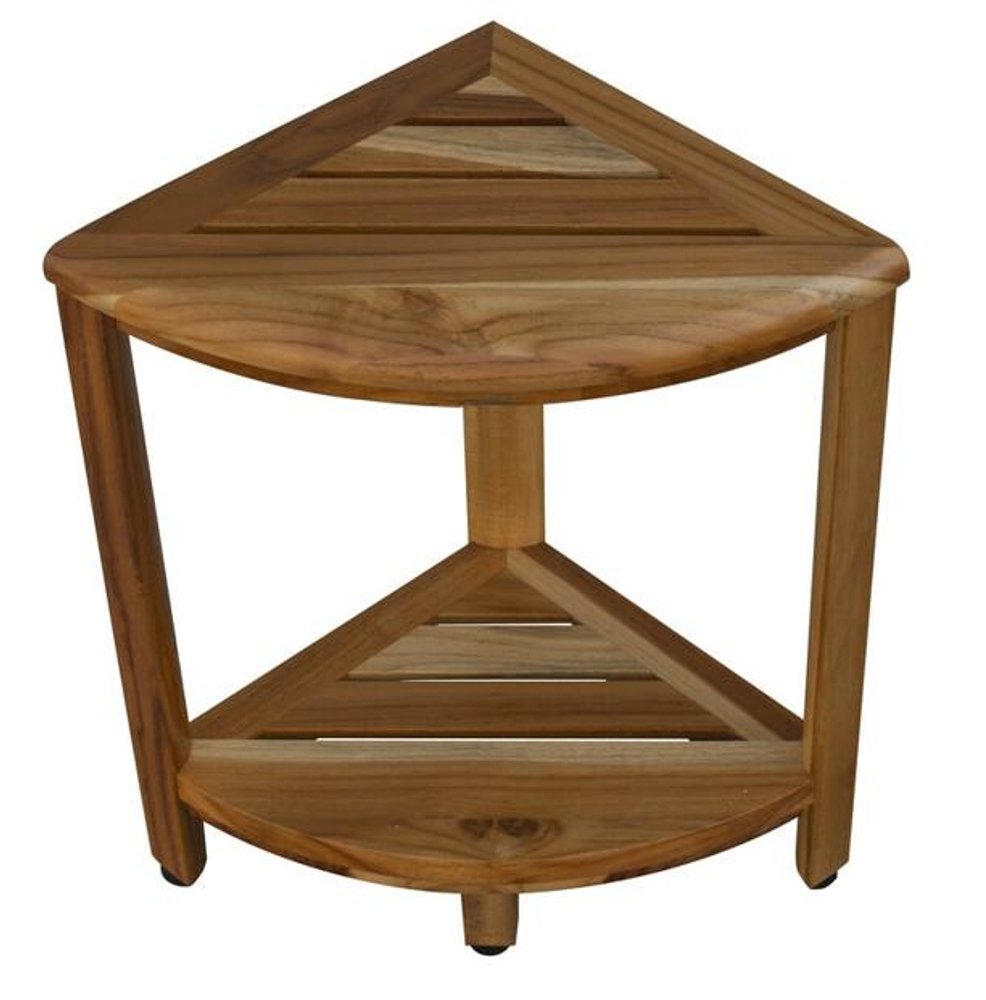 17" Brown Teak Corner Shower Bench With Shelf