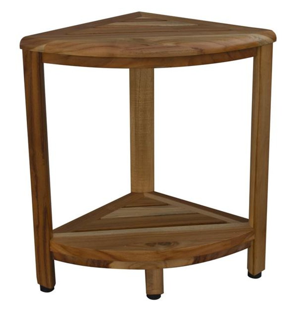 17" Brown Teak Corner Shower Bench With Shelf