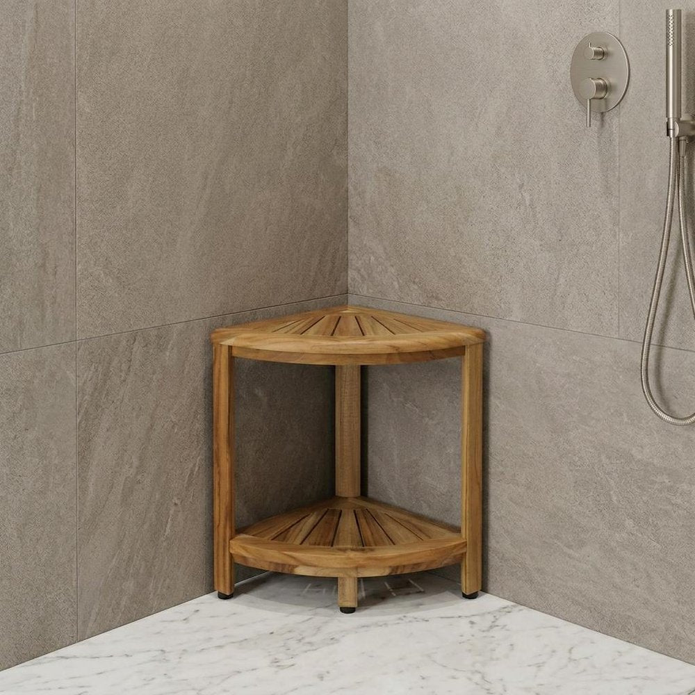 17" Brown Teak Corner Shower Bench With Shelf