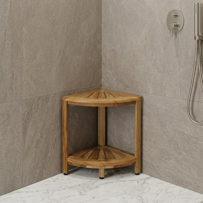 17" Brown Teak Corner Shower Bench With Shelf