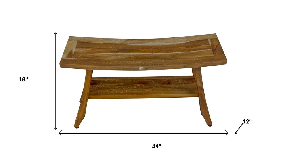 Compact Curvilinear Teak Shower Outdoor Bench With Shelf In Natural Finish