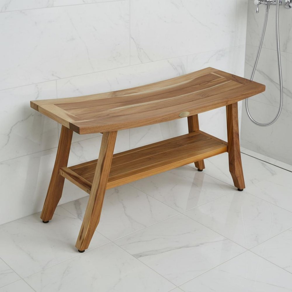 Compact Curvilinear Teak Shower Outdoor Bench With Shelf In Natural Finish