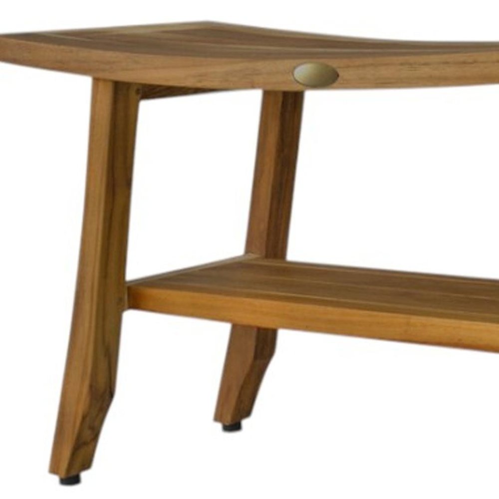 Compact Curvilinear Teak Shower Outdoor Bench With Shelf In Natural Finish