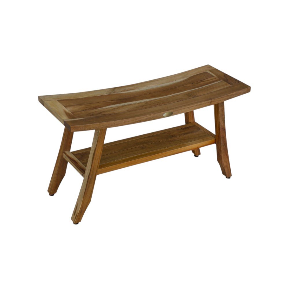 Compact Curvilinear Teak Shower Outdoor Bench With Shelf In Natural Finish