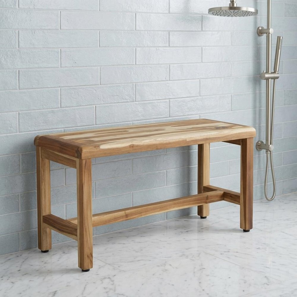 34" Natural Teak Rectangular Shower Bench With Shelf