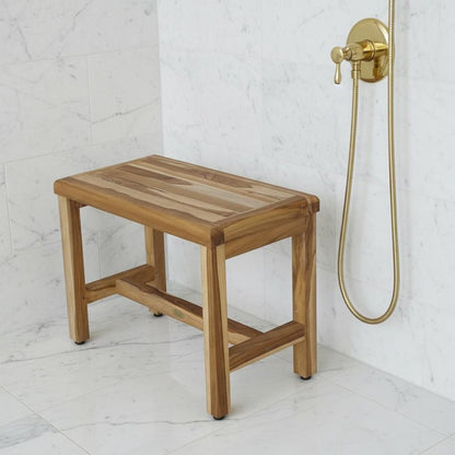 Compact Rectangular Teak Shower  Outdoor Bench With Shelf In Natural Finish