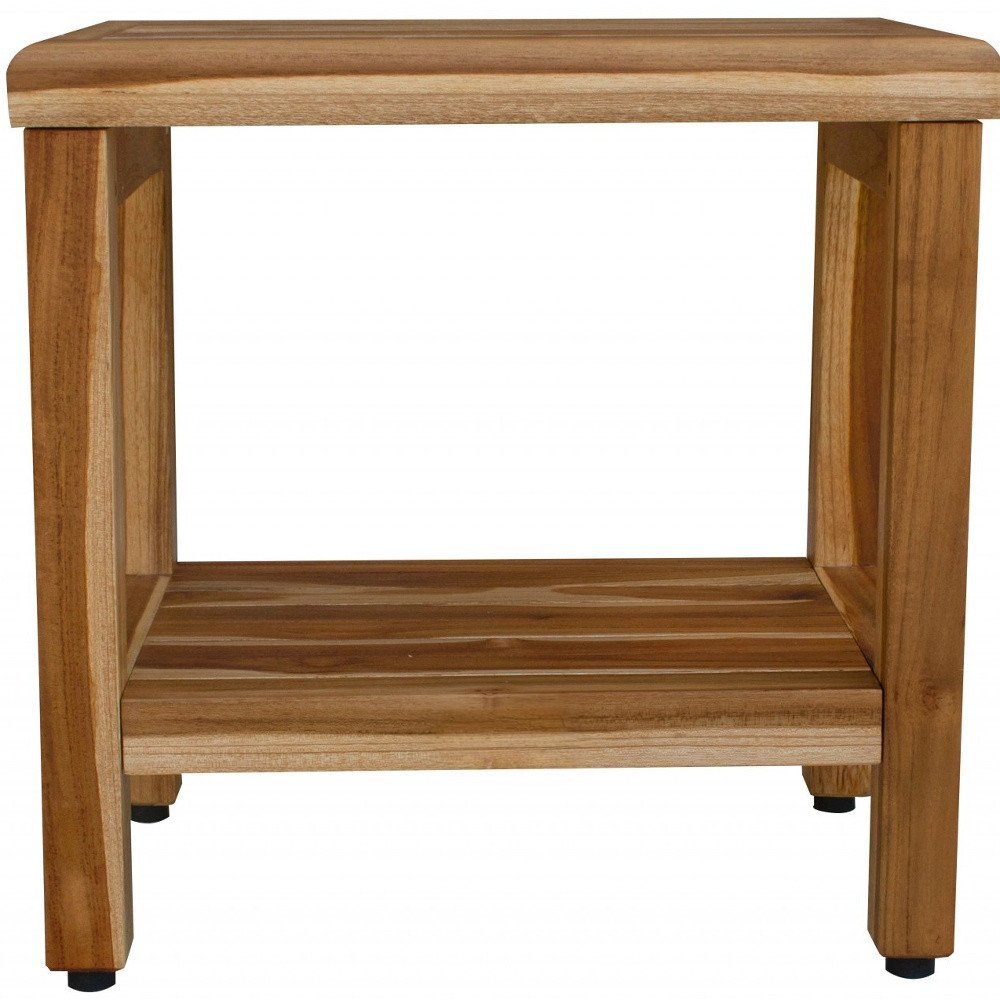18" Contemporary Teak Shower Stool Or Bench With Shelf In Natural Finish