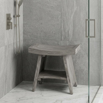 18" Gray Solid Wood Rectangular Shower Bench With Shelf