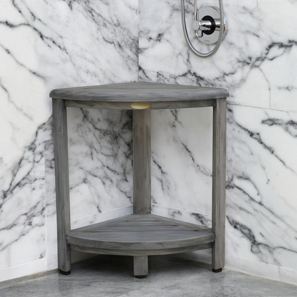 17" Gray Teak Corner Shower Bench With Shelf