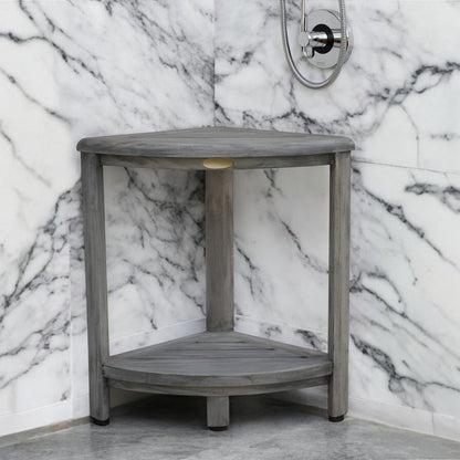 17" Gray Teak Corner Shower Bench With Shelf