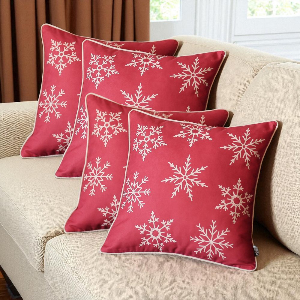 Set Of Four Red 18" Christmas Snowflakes Throw Pillow Covers