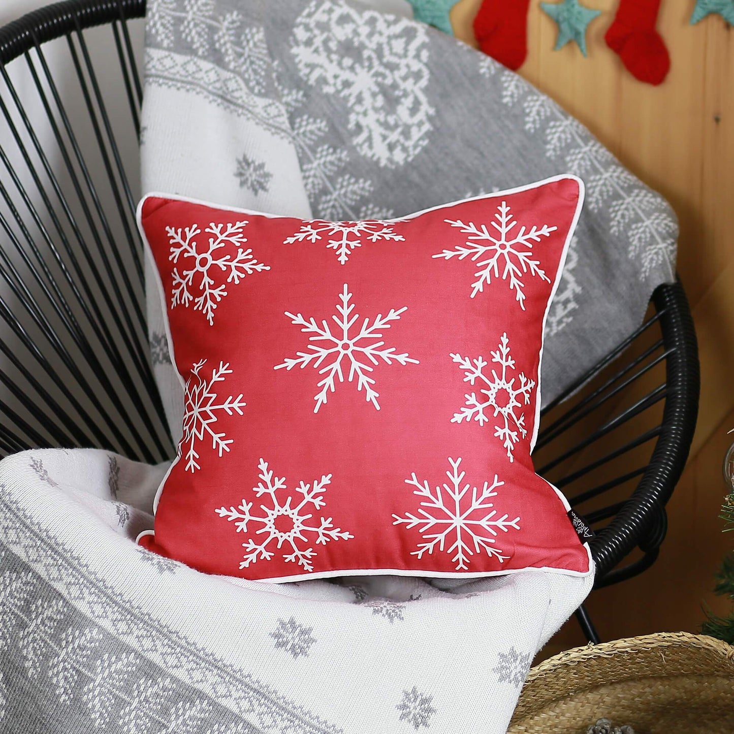 Set Of Four Red 18" Christmas Snowflakes Throw Pillow Covers