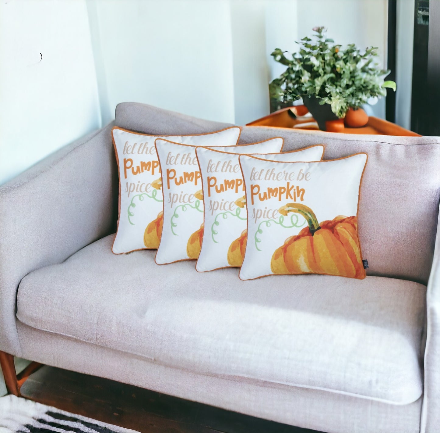 Set Of Four 18" Orange And White Pumpkin Spice Throw Pillow Covers