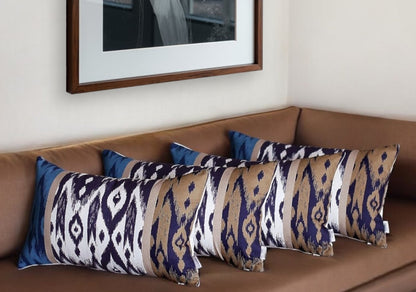 Set Of 4 Brown And Blue Ikat Design Lumbar Pillow Covers