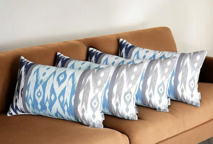 Set Of 4 Aqua Blue And Gray Ikat Lumbar Pillow Covers