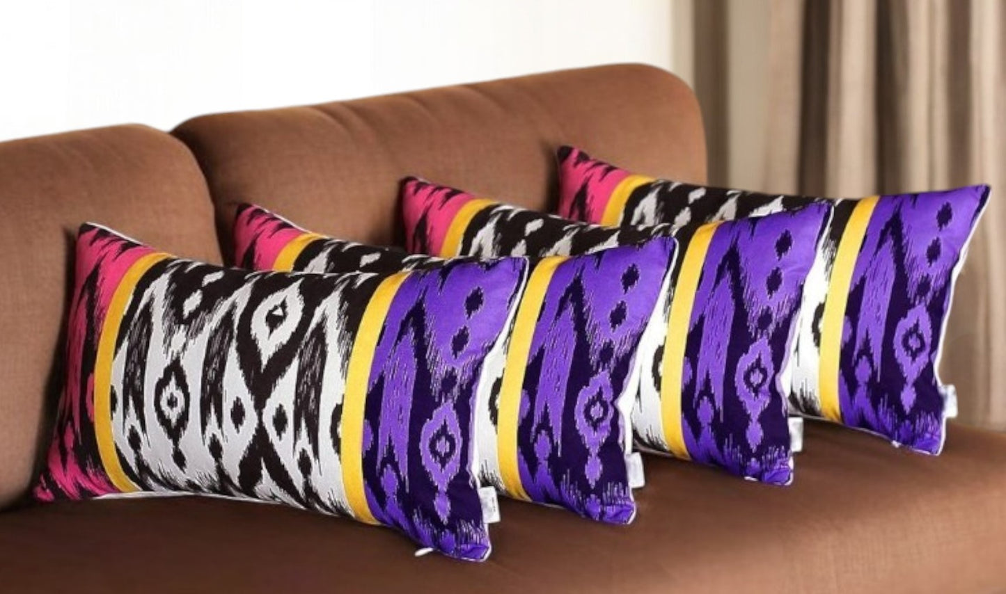 Set Of 4 Purple And Pink Ikat Design Lumbar Pillow Covers