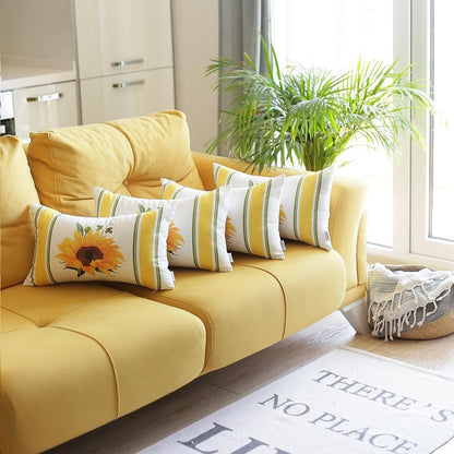 Set of Four 12" X 20" White And Yellow Pumpkin and Sunflowers Floral Fabric Lumbar Throw Pillow Covers