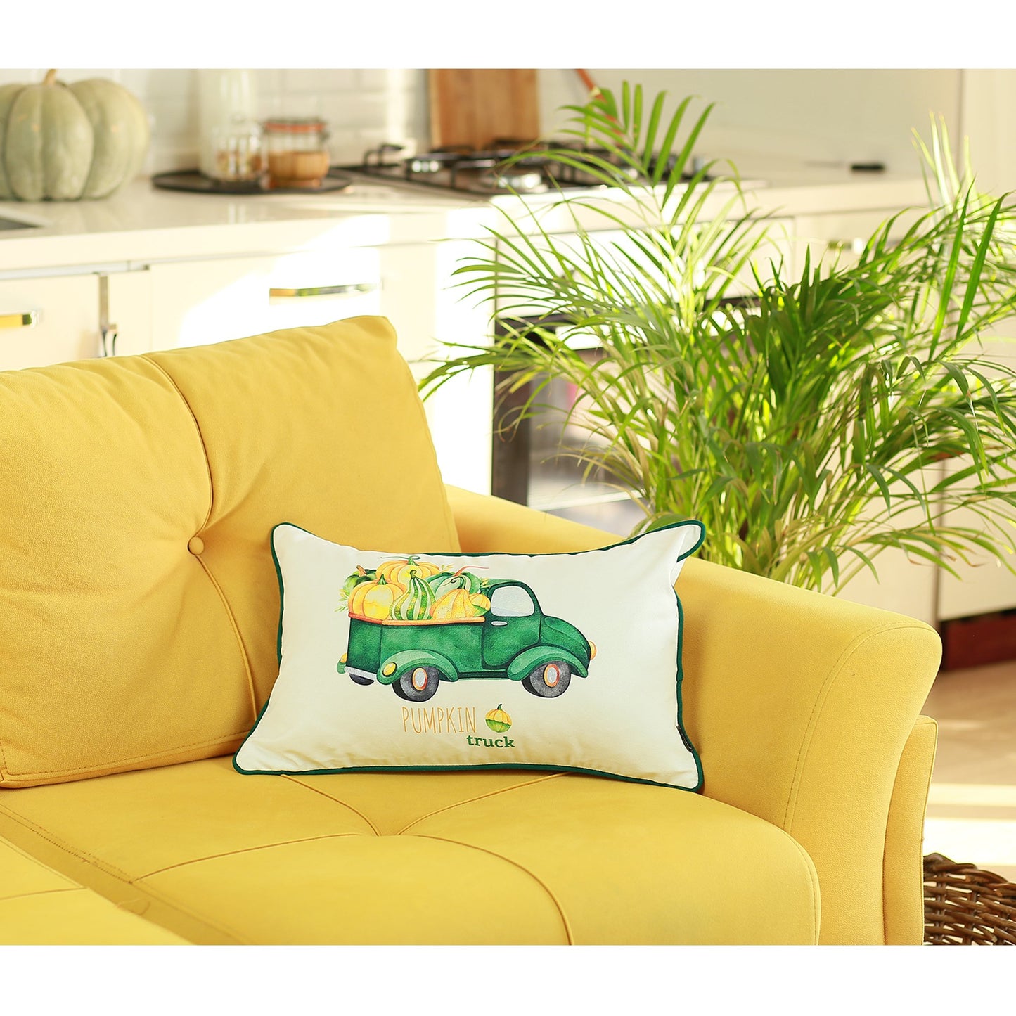 Set Of Four 20" Green Pumpkin Pick Up Truck Lumbar Pillow Covers