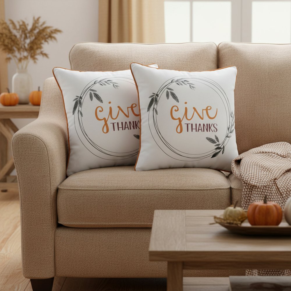 Set of Two Orange and White Give Thanks Throw Pillow Covers