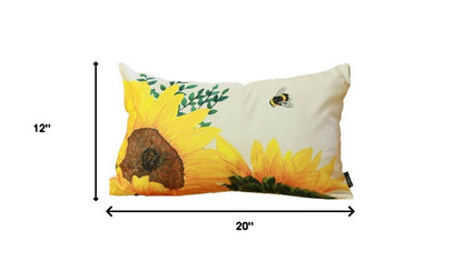 Set of Two 12" X 20" White And Yellow Bee Sunflowers Fabric Lumbar Throw Pillow Covers