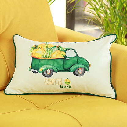 Set of Two 12" X 20" Green and White Pumpkin Truck Lumbar Throw Pillow Cover